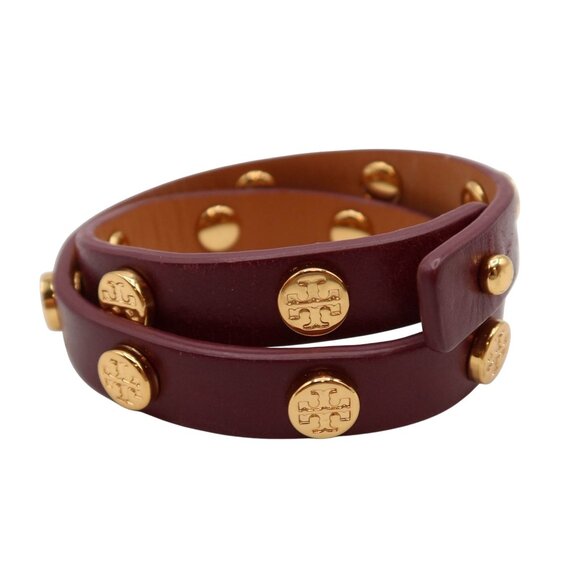 TORY BURCH Burgundy Leather Gold Tone Logo Stud Double Wrap Bracelet Red - Picture 1 of 6